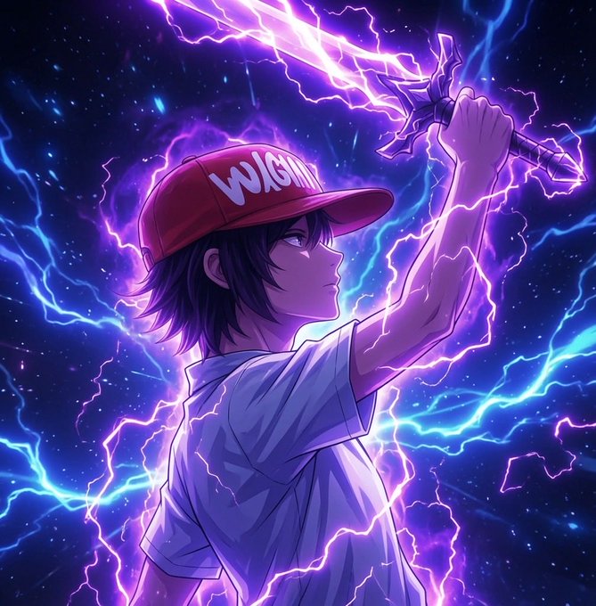 An anime-style illustration of a character wearing a red cap labeled 'WAGMI' holding up a sword that emits vibrant purple and blue lightning against a dark, cosmic background.