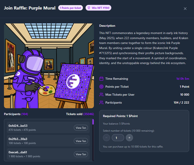 A webpage for a 'Join Raffle: Purple Mural' NFT (#194) showing a digital illustration of a purple astronaut painting a canvas, with 1 point per ticket and 35046 tickets sold.