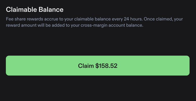 A "Claimable Balance" interface displays a green "Claim $158.52" button, representing the USDC fee share rewards accrued from the poster's Phoenix Flight Club trading volume after two days. The $158.52 figure visually confirms the earnings milestone highlighted in the post, which projects ~$79/day and ~$550/week if the 28-day pace holds.