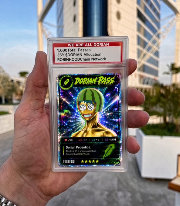 A hand holds up a holographic "Dorian Pepentice" NFT trading card graded as a "Dorian Pass," labeled "WE ARE ALL DORIAN" with details showing "1,000 Total Passes," "35% $DORIAN Allocation," and "ROBINHOODChain Network" as its backdrop features a modern glass skyscraper, visually promoting the project's tiered allocation system where each NFT corresponds to 10,000 $DORIAN tokens.