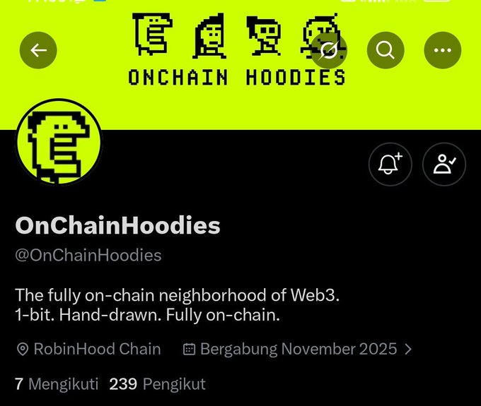 A Twitter/X profile screenshot for 'OnChainHoodies' (@OnChainHoodies) with a neon yellow banner featuring pixel-art hooded characters, describing itself as 'The fully on-chain neighborhood of Web3. 1-bit. Hand-drawn. Fully on-chain,' with 7 following and 239 followers.