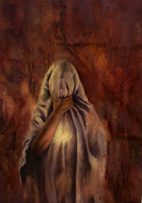 A dark, textured painting of a hooded figure in muted tones clutching a piece of fabric, their face completely obscured.