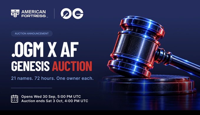 A promotional banner for the '.OGM x AF Genesis Auction' featuring American Fortress and OG logos, announcing 21 names to be auctioned over 72 hours, opening Wed 30 Sep, 5:00 PM UTC and ending Sat 3 Oct, 4:00 PM UTC.