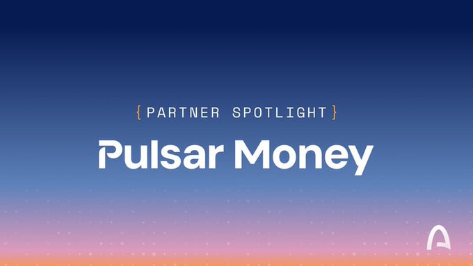 A title card with a blue-to-orange gradient background reads '{ PARTNER SPOTLIGHT } Pulsar Money' with a small logo in the bottom right corner.