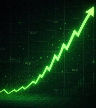 A green glowing stock chart with an upward arrow showing market price increases against a dark background with grid lines.