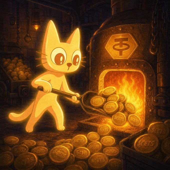 AI-generated illustration of a glowing yellow cartoon cat shoveling gold coins labeled '$SETS' into a fiery furnace.