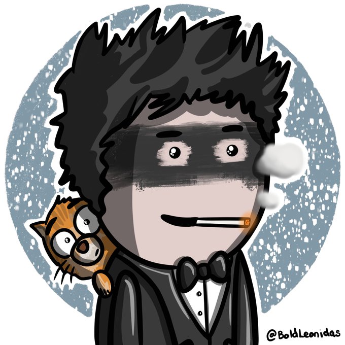 A cartoon illustration of a character in a black suit and bow tie with spiky black hair, holding a cigarette and a wide-eyed orange cat, signed '@BoldLeonidas'.