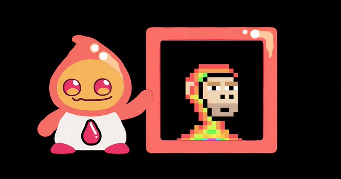 A pink and orange droplet-shaped cartoon mascot points to a pixel-art skull character with a colorful gradient flowing from it, displayed in a red frame on a black background.