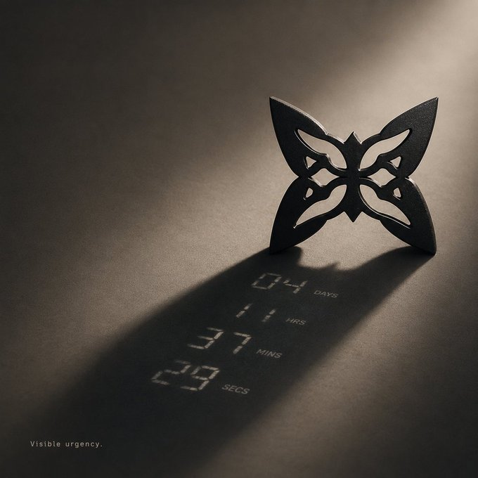 A dark metal butterfly-shaped object casts a shadow on a gray surface that displays a digital countdown timer reading '04 DAYS 11 HRS 37 MINS 29 SECS', with the caption 'Visible urgency.' in the bottom left.