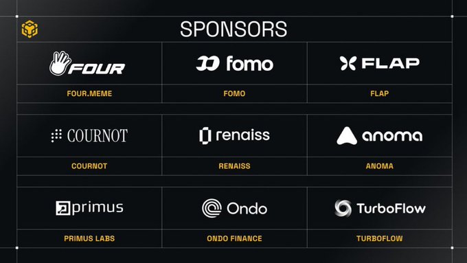 A sponsor graphic displaying logos for Four.Meme, Fomo, Flap, Cournot, Renaissance, Anoma, Primus Labs, Ondo Finance, and TurboFlow, with Primus Labs featured among the sponsors supporting a discussion on financial privacy in institutional onchain operations.