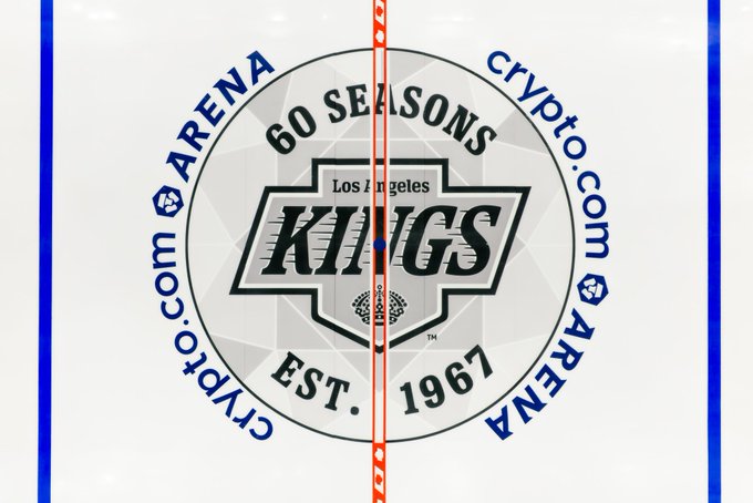 A Los Angeles Kings anniversary banner featuring '60 SEASONS EST. 1967' surrounded by 'crypto.com ARENA' text.