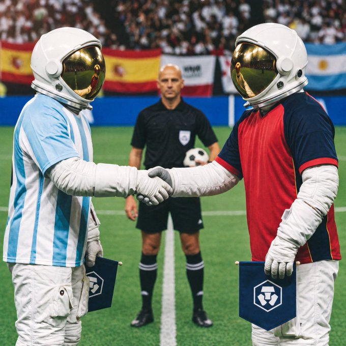 Two astronauts in Argentina and Spain jerseys shake hands at midfield before kickoff, with a referee and crowd holding both nations' flags in the background. The image playfully visualizes the post's "final frontier" metaphor, suggesting this match between Argentina and Spain is a cosmic showdown where only one team will "plant the flag."
