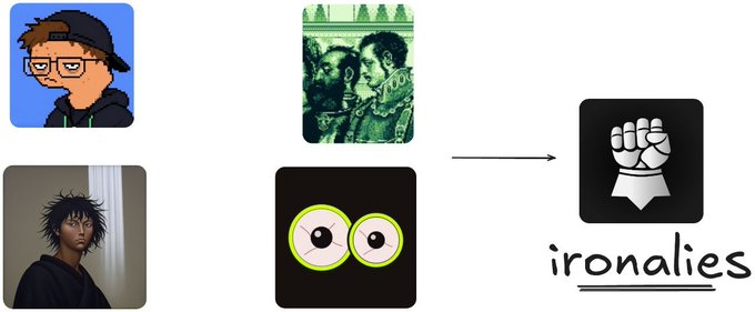 A collage of images including pixel art characters and a green-toned portrait, with an arrow pointing to a fist icon labeled 'ironalies'.