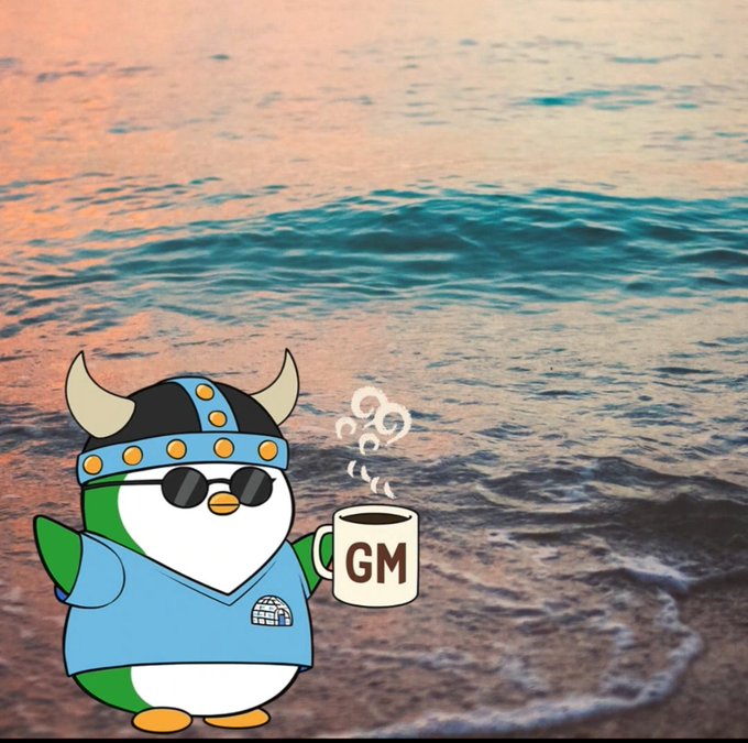 Cartoon penguin mascot wearing a Viking helmet with horns and sunglasses, holding a steaming coffee mug labeled 'GM' against a sunset ocean background.