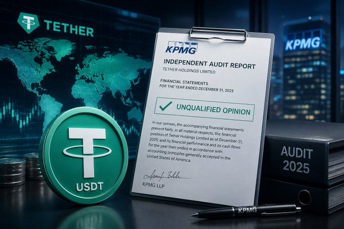 A promotional graphic showing a Tether USDT coin alongside a KPMG clipboard with an 'INDEPENDENT AUDIT REPORT' displaying an 'UNQUALIFIED OPINION' for Tether Holdings Limited.