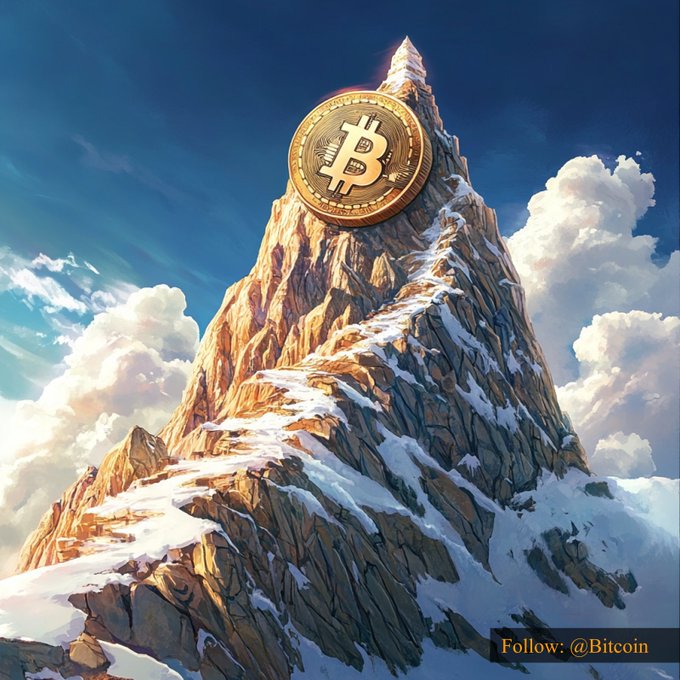 A majestic snow-capped mountain peak rises toward the sky, crowned with a large golden Bitcoin coin featuring the iconic ₿ symbol, symbolizing Bitcoin's ascent and dominance. The text "Follow: @Bitcoin" appears in the bottom right, aligning with the post celebrating Bitcoin's price of $64,030.73.