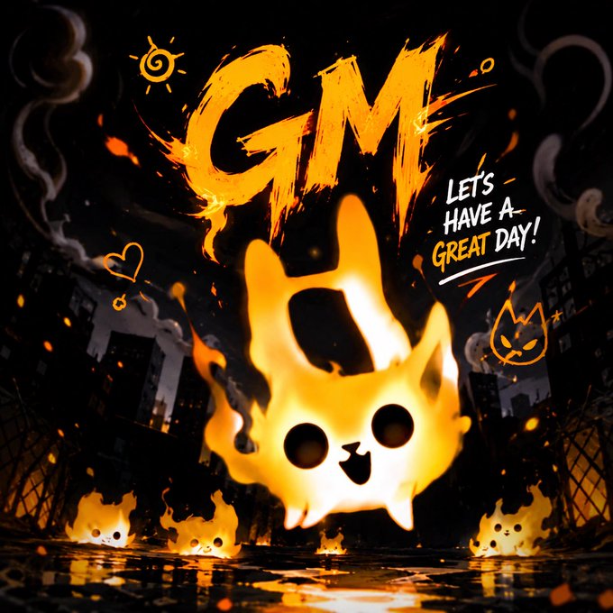 The image features a fiery, flame-shaped cat character surrounded by smaller fire creatures, with bold orange "GM" graffiti text and the phrase "Let's have a great day!" on a dark, smoky background. This matches the post's "GM from the flame side" greeting, using the burning cat imagery to convey the high-energy, bullish crypto vibes and excitement for the day ahead on TON.