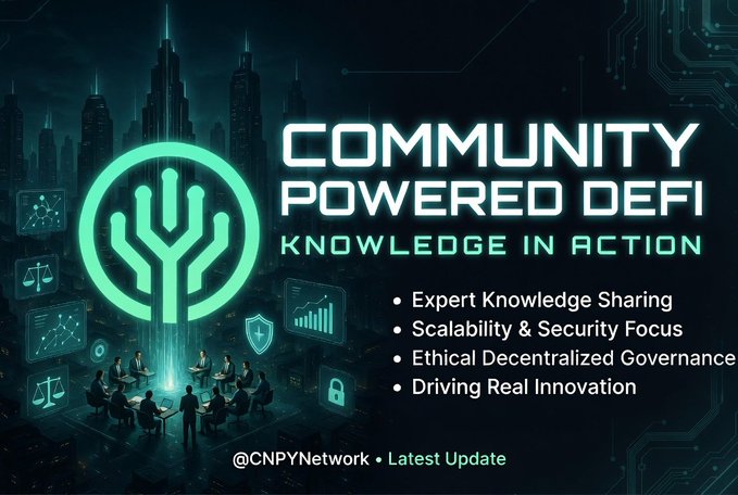 A futuristic teal-toned promotional graphic for **@CNPYNetwork** features a stylized circuit-board logo alongside the headline **"COMMUNITY POWERED DEFI — KNOWLEDGE IN ACTION"**, with bullet points highlighting **Expert Knowledge Sharing, Scalability & Security Focus, Ethical Decentralized Governance, and Driving Real Innovation**. The image visually reinforces the post's message by depicting a collaborative meeting of figures around a glowing holographic display, symbolizing the community-driven knowledge sharing and decentralized governance at the heart of CNPY Network's mission.