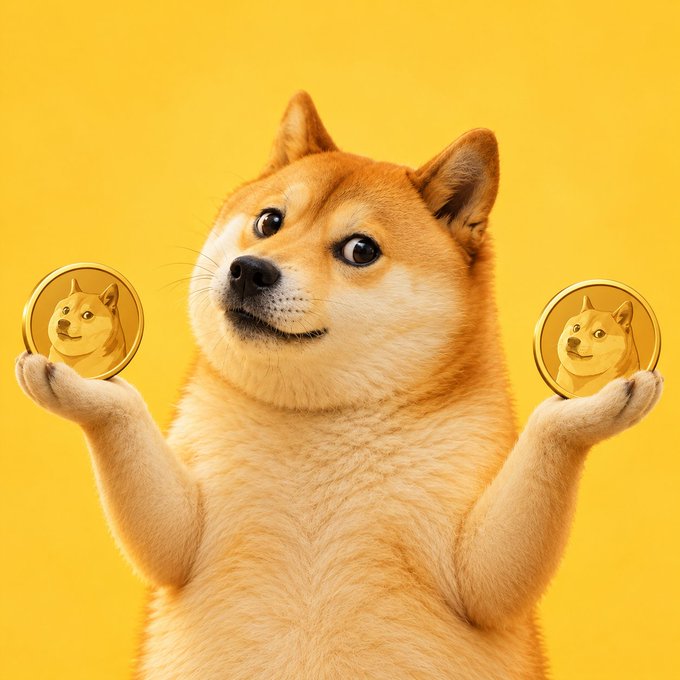 A stylized Doge dog stands on a yellow background holding two gold coins, each showing the Doge face.