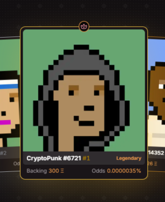 Screenshot of a CryptoPunk NFT (#6721) shown as a Legendary tier pixel art character with a hood, having 300 £ backing and odds of 0.0000035%, with adjacent partial views of CryptoPunk #14352 and another punk.