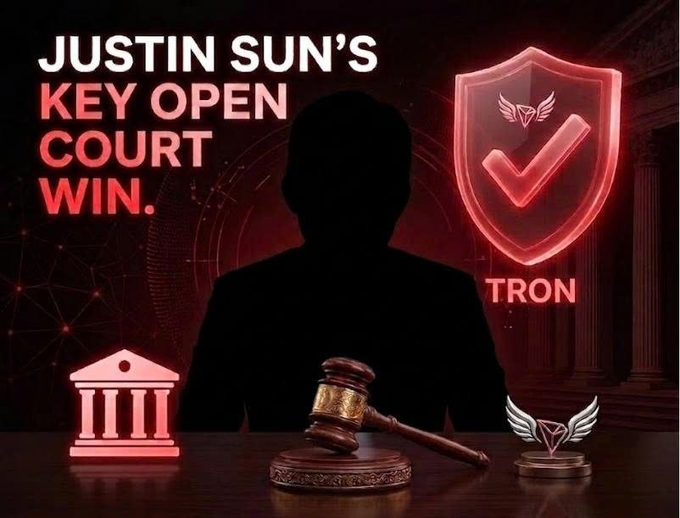 A graphic reading 'JUSTIN SUN'S KEY OPEN COURT WIN.' featuring a silhouetted figure, a glowing red TRON shield logo, and a courtroom gavel.