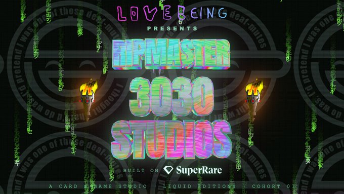 A promotional graphic for "LØVEBEING presents RIPMASTER 3030 STUDIOS," featuring large, iridescent, distorted holographic text over a dark background with floating dripping green effects and SuperRare branding, announcing the launch of the onchain 100-card deck built on SuperRare.