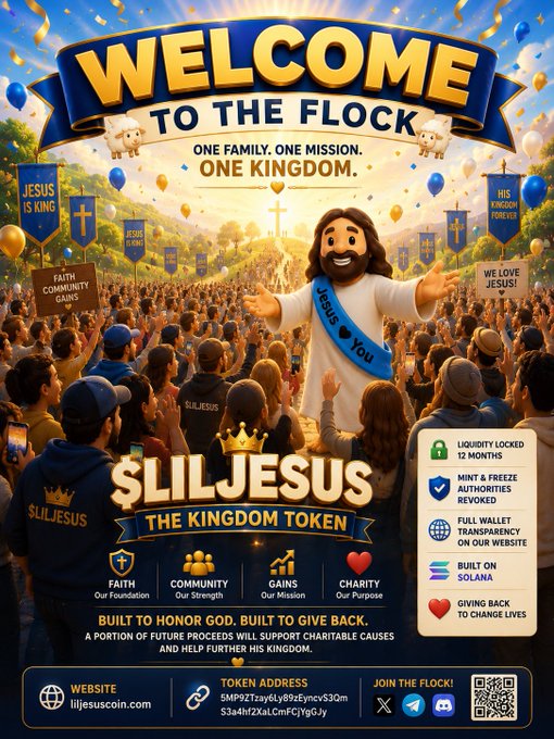 A colorful promotional poster for '$LILJESUS THE KINGDOM TOKEN' cryptocurrency, depicting a cartoon Jesus in a crowd with slogans like 'WELCOME TO THE FLOCK' and 'ONE KINGDOM,' built on Solana.