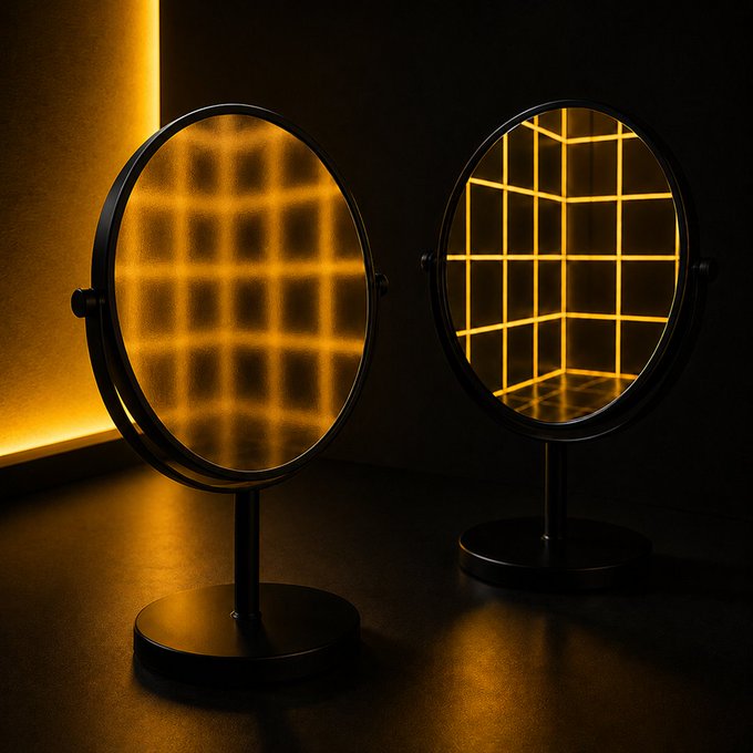 Two illuminated vanity mirrors with warm amber backlighting cast glowing grid patterns across a dark surface, symbolizing the careful self-examination and scrutiny involved in doing your own research. The dual mirrors, each checking itself against the other's reflection, visually reinforce the post's message of double-checking data and seeking clarity before committing to decisions.
