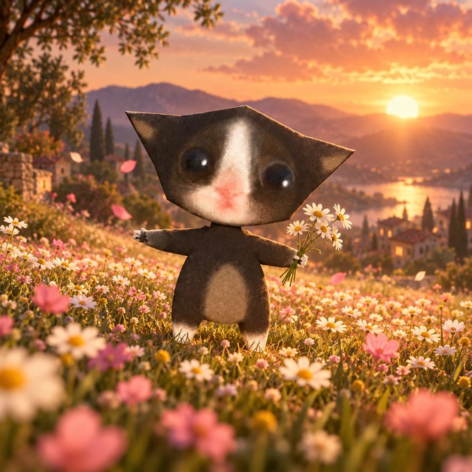 A small black and white cat character holding a bouquet of daisies stands in a field of wildflowers at sunset, with mountains and a coastline in the background.