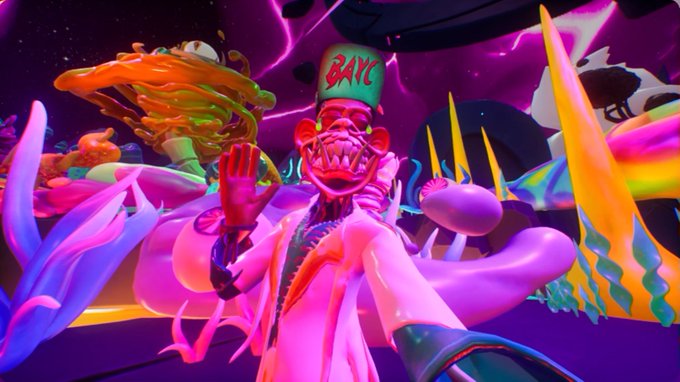 A vibrant, colorful 3D animated scene featuring a stylized pink character wearing a green 'GANG' cap, surrounded by neon-colored abstract elements and what appears to be a UFO in a psychedelic purple environment.
