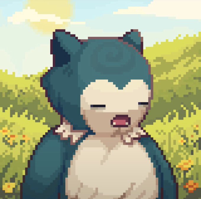 Pixel art of a cute creature with dark blue hair or fur and a white face, sitting in a grassy field under a sunny sky.