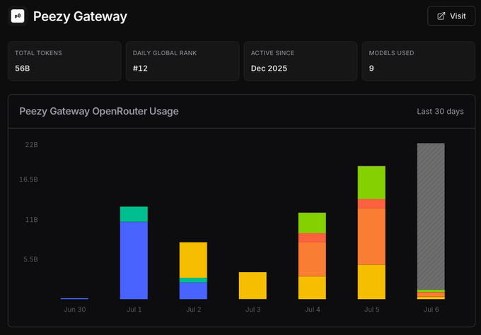 A dashboard for 'Peezy Gateway' OpenRouter usage showing 56B total tokens, #12 daily global rank, active since Dec 2025, and 9 models used, with a bar chart of the last 7 days (Jun 30 – Jul 6) showing token usage by model in various colors.