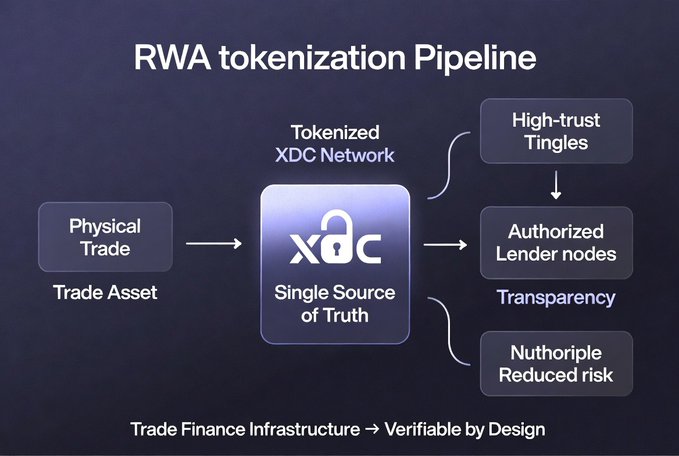 A diagram titled 'RWA tokenization Pipeline' illustrating a trade finance flow from Physical Trade through a Tokenized XDC Network (Single Source of Truth) to High-trust Tingles, Authorized Lender nodes, and Nuthoripe Reduced risk.
