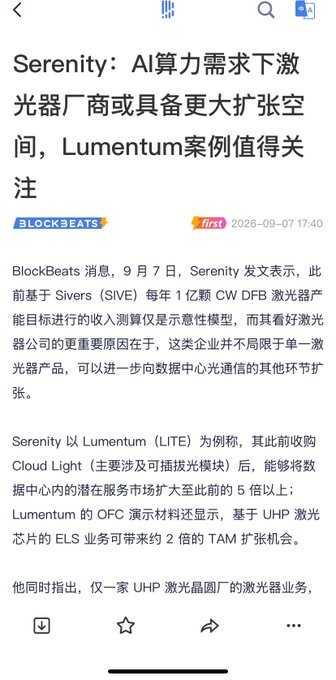 A BlockBeats news article dated September 7, 2026, reports on Serenity's analysis noting that laser companies face downward AI computing demand, with Lumentum (LITE) highlighted as a key case study—mentioning its acquisition of Cloud Light and OFC demonstration material indicating that ELS business based on UHP laser chips could bring approximately 2x TAM expansion opportunities, aligning with the post's discussion of SIVE's revised bullish outlook on the laser sector.