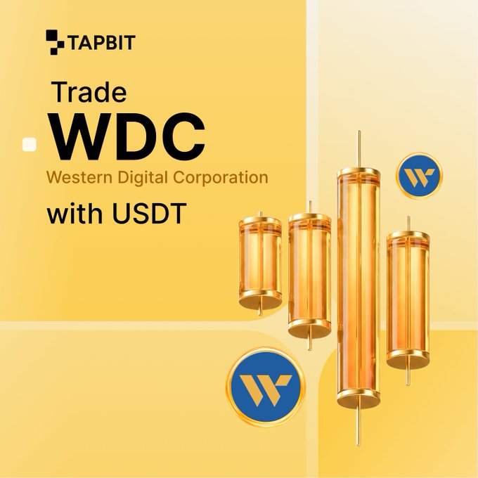 A yellow promotional graphic for TAPBIT advertising 'Trade WDC Western Digital Corporation with USDT' featuring gold cylindrical objects and a 'W' logo.