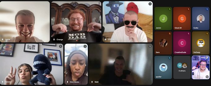 A video call screenshot showing multiple participants in a grid layout with names like Joele, Orange, Spongeboy, Zacky, Terry Shaw, and Matt, alongside user profile icons.