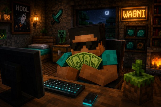 The image features a man sitting at a desk with a computer monitor, keyboard, and mouse. He has money in his hand and appears to be playing Minecraft. The background shows a room with a bed, chair, TV, and bookshelf. There is also a plant on the table next to him. The post includes information about Memecoins, a cryptocurrency, and mentions that it's 24h volume-picking time for Bitcoin Cash.