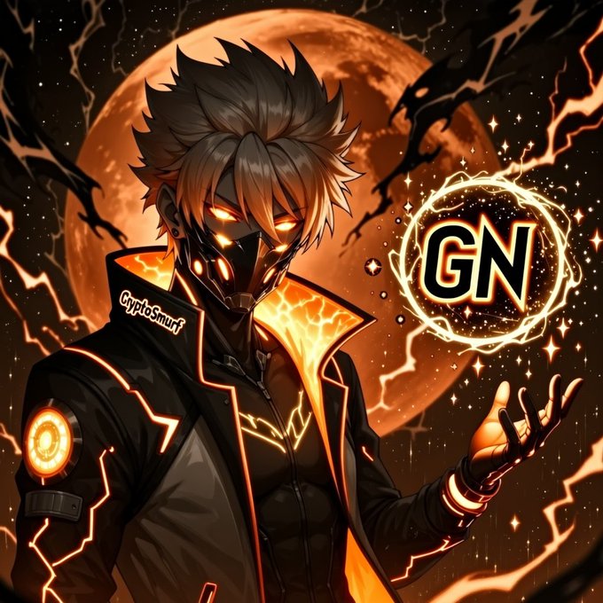 A dark anime-style figure with a glowing cybernetic mask and fiery orange energy stands before a blood moon, conjuring a circular emblem that reads "GN." The mystic, powerful imagery visualizes the phrase "Gud Nite," using the illuminated "GN" monogram as a dramatic, otherworldly send-off for the night.
