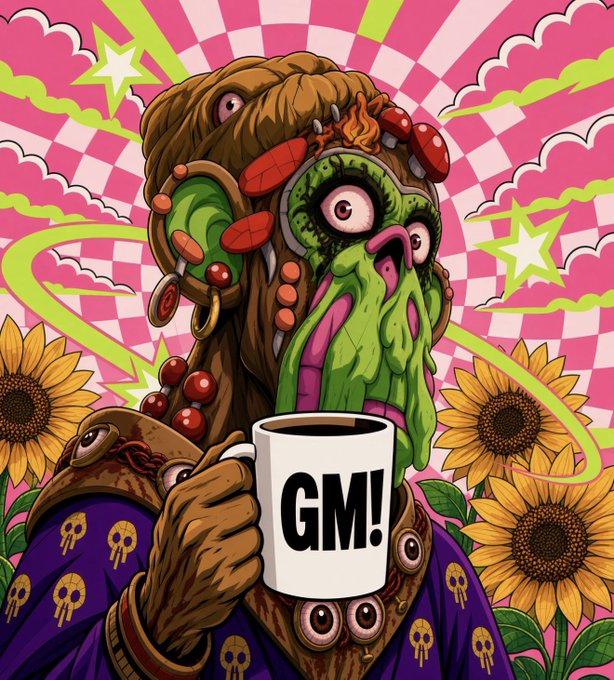 A grotesque, plant-like creature with multiple eyes and a gaping mouth holds a white mug reading "GM!" against a vibrant pink checkered background with sunflowers and stars, matching the cheerful "GM sunshine!" greeting.