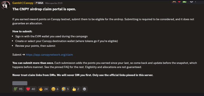 A Discord message from 'Gambit | Canopy' in a GIGA channel announcing that 'The CNPY airdrop claim portal is open' with instructions on how to submit EVM wallets for the airdrop at app.canopynetwork.org/claim.