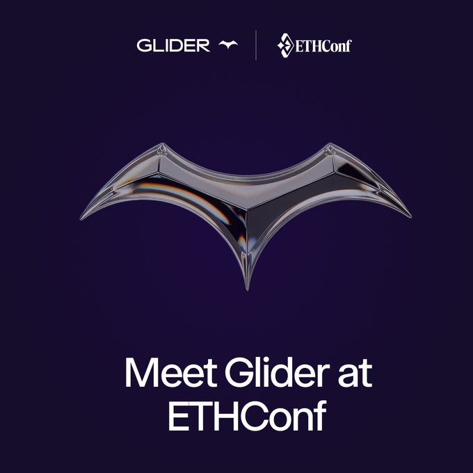 The image features a poster for an event called "ETHConf New York" with a silver glider design, which appears to be made of glass or metal. The text on the poster reads "Meet Glider at ETHConf New York!". The poster also includes information about Matt'S speaking at the event and the name of the company behind it.