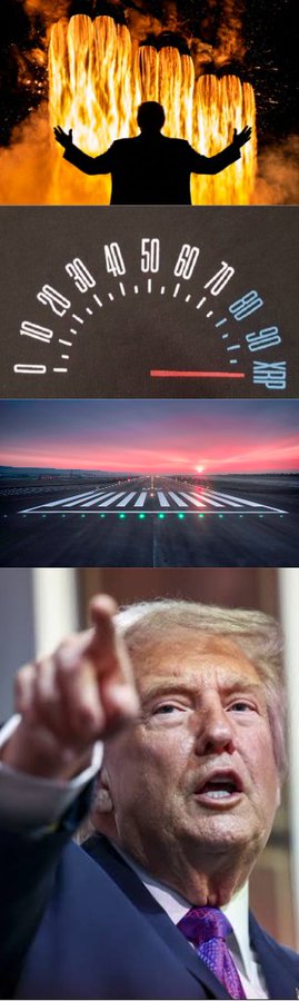 A four-panel image showing a silhouette with raised arms against a fiery explosion, a speedometer at 90 MPH, a runway at sunset, and a close-up of Donald Trump pointing his finger.