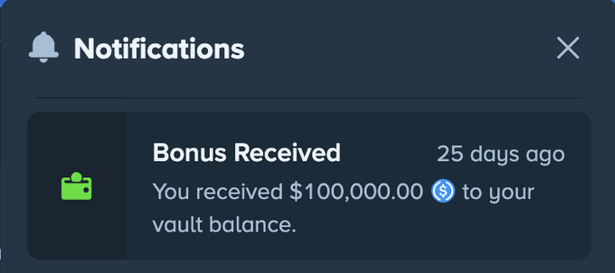 A notifications panel displays a "Bonus Received" alert showing $100,000.00 in a vault balance from 25 days ago. The accompanying post advertises a $50 Flash Giveaway, where the notification seems to suggest a larger bonus was given, contrasting the giveaway prize with the actual prize shown.