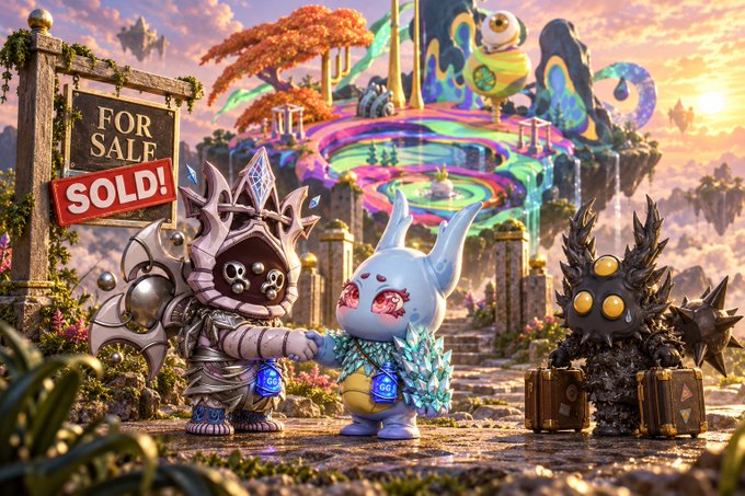 A colorful, fantasy-style scene features three whimsical characters shaking hands in front of a "FOR SALE" sign marked "SOLD!", with floating islands and vibrant rainbows in the background.