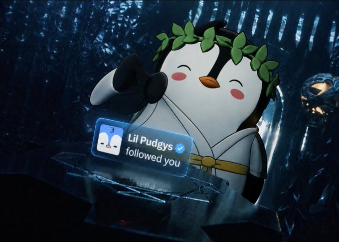 The image features a cartoon penguin wearing a wreath of leaves, sitting at a table with a sign next to it that says "Followed you!". The text also mentions Lil Pudgy's followers, which implies that the penguin is part of an online community or social media group related to penguins. This post seems to be promoting a sense of connection and camaraderie among penguin owners, as well as encouraging them to share their experiences with others who have similar interests in owning penguins.