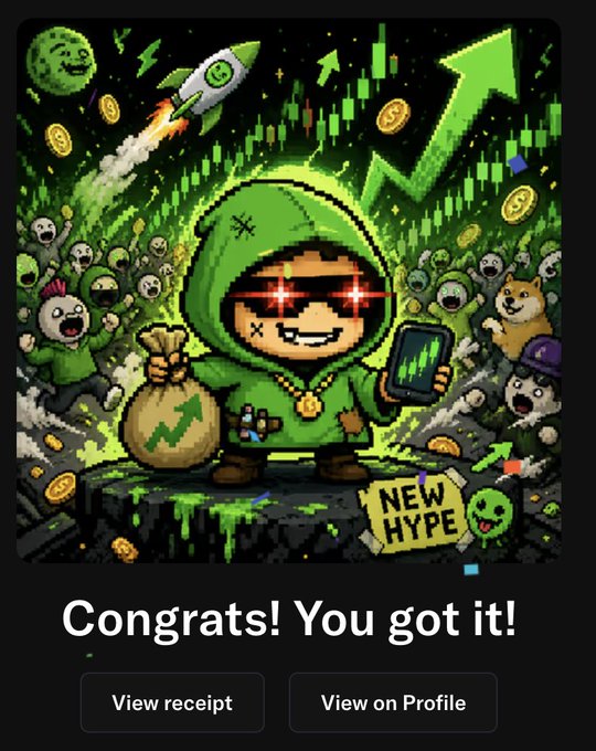 A pixel-art congratulatory screen celebrates an NFT purchase, featuring a glowing-eyed hoodie figure holding a money bag and phone amid rocket ships, coins, and green candlestick charts. A "NEW HYPE" sign and the caption "Congrats! You got it!" appear alongside "View receipt" and "View on Profile" buttons, satirizing the celebratory framing of buying a meme NFT by @bakhnarel1 as crypto hype culture.