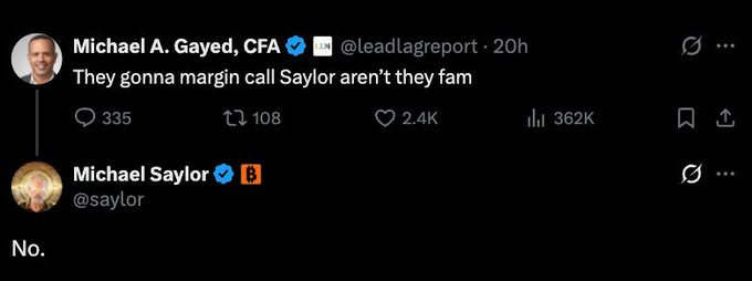 The image features a black screen displaying a conversation between two men, with one man's face visible and the other being partially obscured by a Twitter interface. The person on Twitter has posted a message on their profile asking Michael Saylor to shut down margin call rumors.