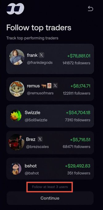 A mobile app screen titled "Follow top traders" displays a list of profitable traders—including frank (+$78,881.01), remus (+$8,174.71), Swizzle (+$54,704.18), Brez (+$5,716.51), and bshot (+$29,492.83)—with a prompt to "Follow at least 3 users" before continuing.

The image illustrates post about how FOMO drives retail traders to copy-trade influencers like @Cented7, showing the copy-trading feature that encourages users to follow top-performing traders rather than making independent decisions.