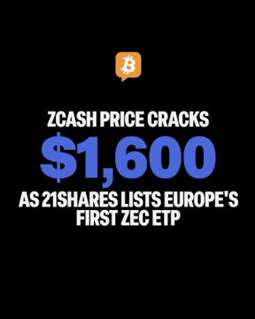 The image displays a black graphic with an orange Bitcoin logo at the top and bold text announcing "ZCASH PRICE CRACKS $1,600 AS 21SHARES LISTS EUROPE'S FIRST ZEC ETP," visually highlighting the milestone of Zcash ($ZEC) breaking the $1,600 price level following the launch of 21Shares' physically backed ZEC ETP in Europe.