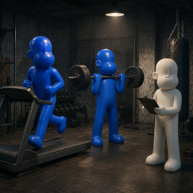 A 3D render of three stylized figures in a gym setting: one running on a treadmill, one lifting a barbell, and one holding a clipboard, all against a dark, industrial background.